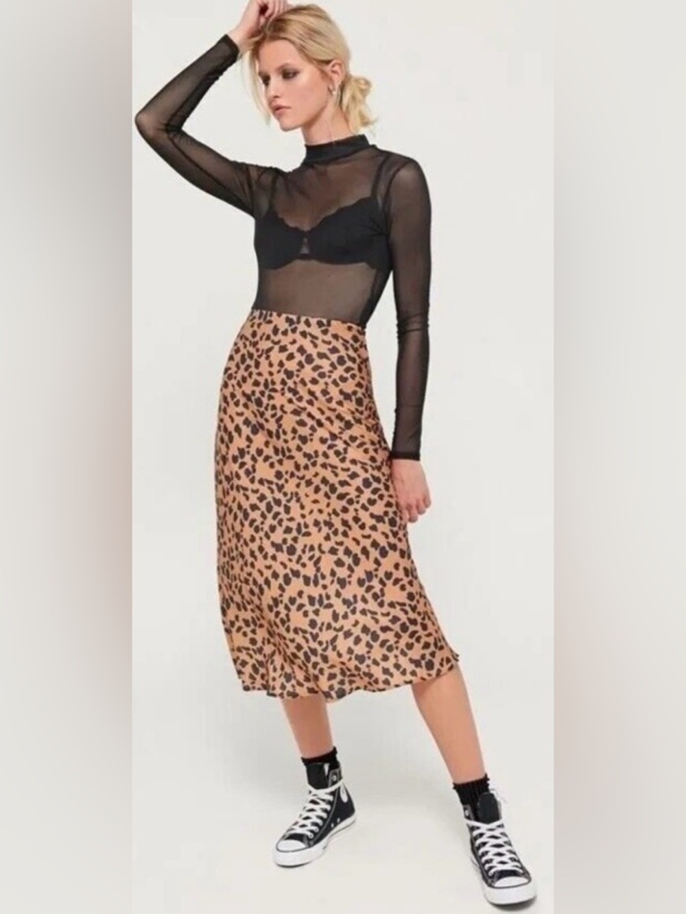 Urban Outfitters Leopard Print Satin Midi S Brown Black Slip Skirt